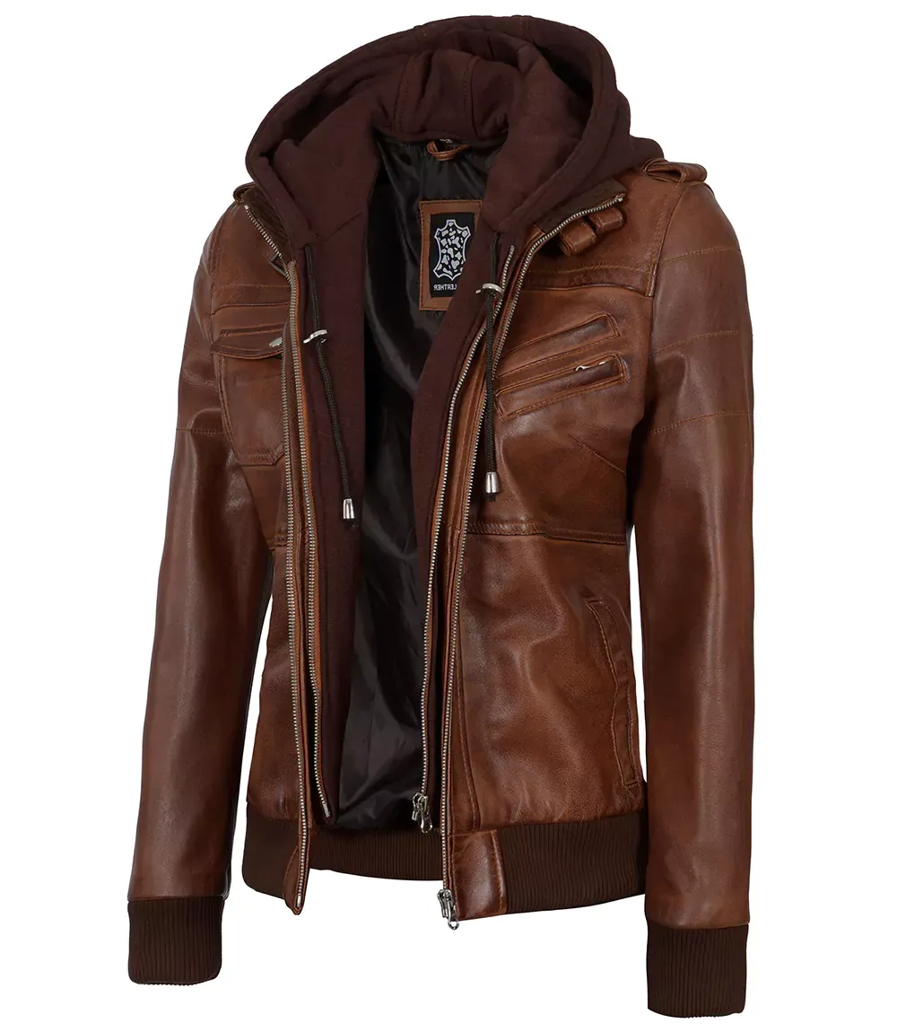 Womens Cognac Leather Bomber Jacket With Hood Womens Cognac Leather Bomber Jacket With Hood