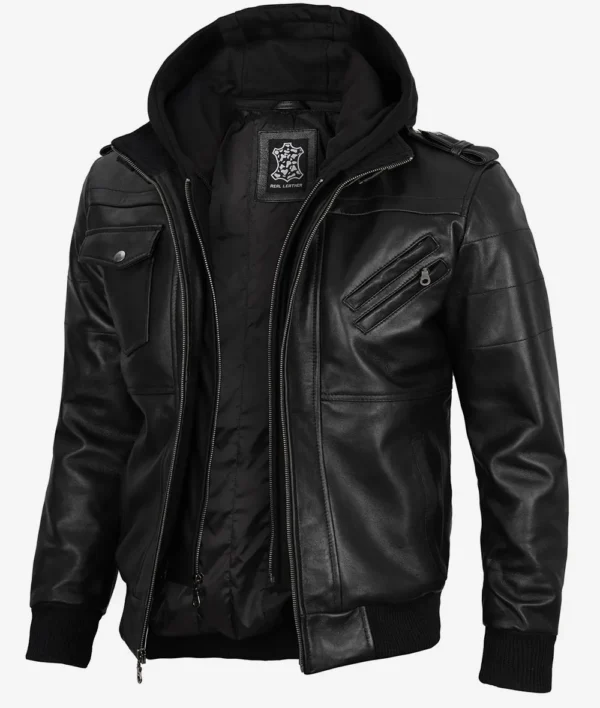 Mens Black Leather Bomber Jacket with Removable Hood