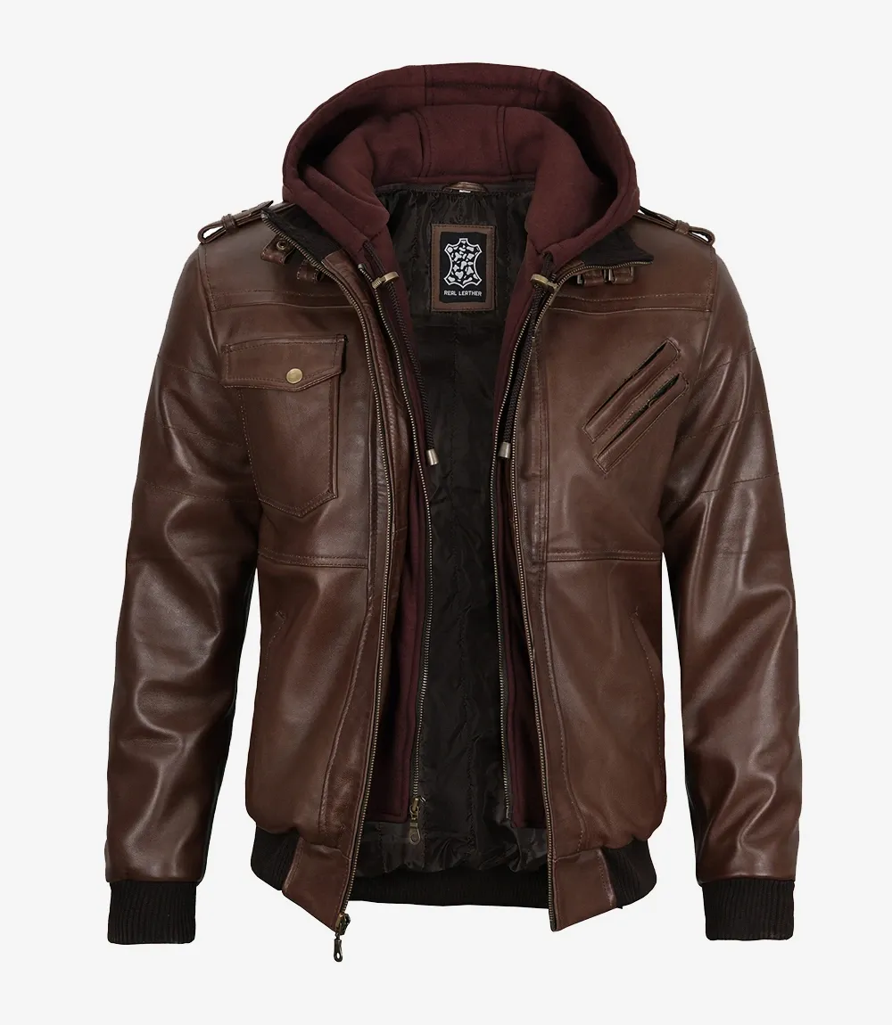 Men's Dark Brown Bomber Leather Jacket with Hood Men's Dark Brown Bomber Leather Jacket with Hood