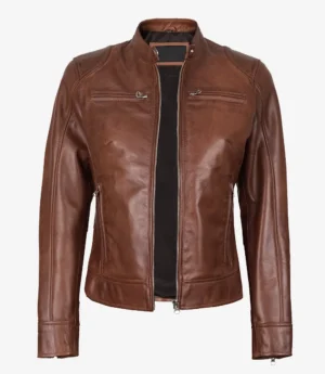 Women's Cognac Waxed Real Leather Biker Style Jacket