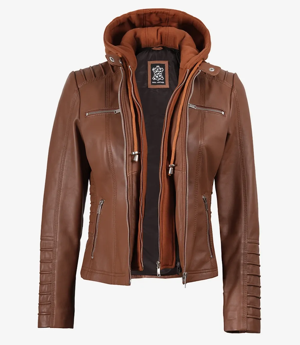 Helen Womens Cognac Leather Jacket with Removable Hood Helen Womens Cognac Leather Jacket with Removable Hood