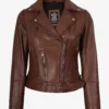 Women's Asymmetrical Biker Style Cognac Leather Jacket - Belted Waist