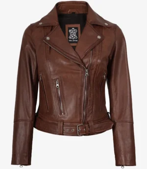 Women's Asymmetrical Biker Style Cognac Leather Jacket - Belted Waist