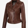 Women's Asymmetrical Biker Style Cognac Leather Jacket - Belted Waist