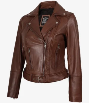 Women's Asymmetrical Biker Style Cognac Leather Jacket - Belted Waist