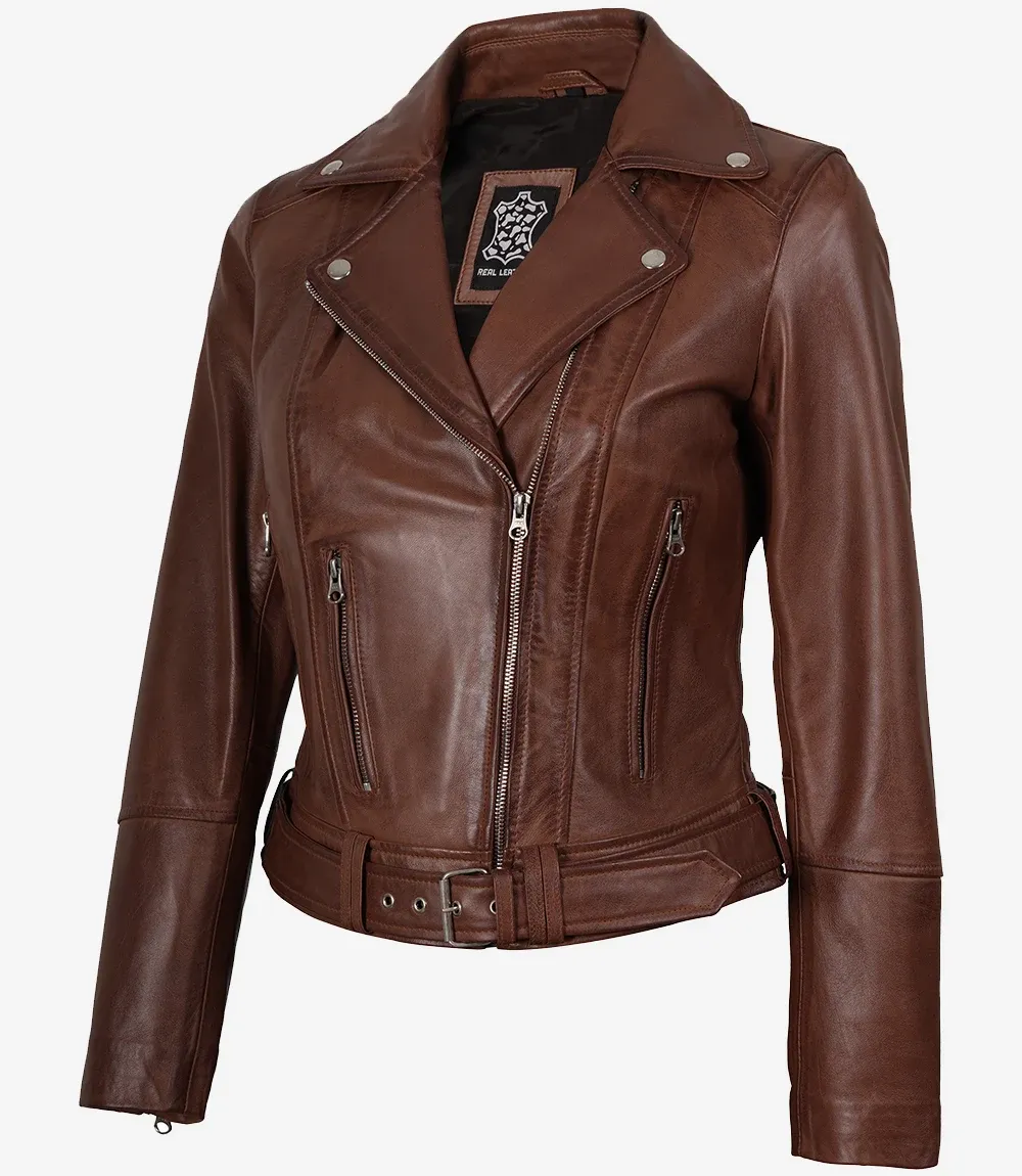 Women's Asymmetrical Biker Style Cognac Leather Jacket - Belted Waist Women's Asymmetrical Biker Style Cognac Leather Jacket - Belted Waist