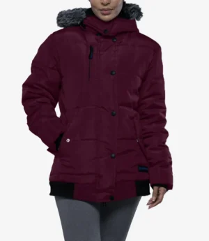 Jasmime Women’s Maroon 3/4 Length Puffer Jacket – Faux Fur Trim Hood