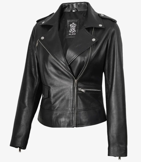 Amber Women's Black Leather Asymmetrical Biker Style Jacket