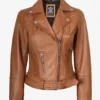 Women's Asymmetrical Biker Style Belted Tan Leather Jacket
