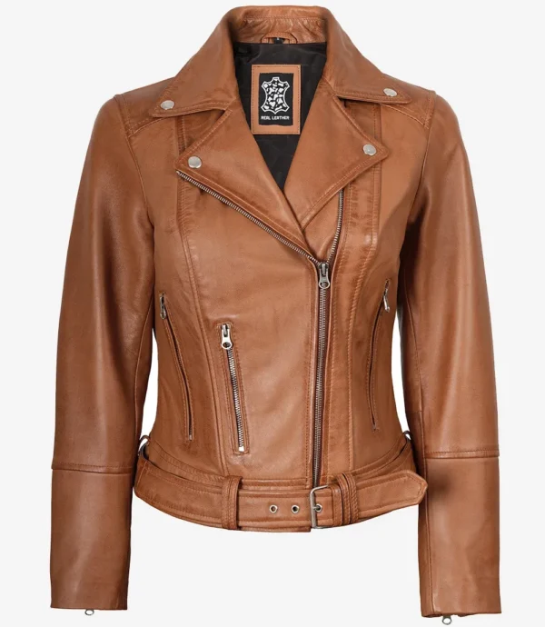 Women's Asymmetrical Biker Style Belted Tan Leather Jacket