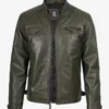 Mens Quilted Shoulder Olive Green Biker Style Leather Jacket