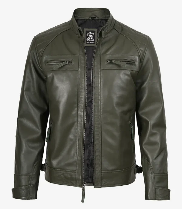 Mens Quilted Shoulder Olive Green Biker Style Leather Jacket