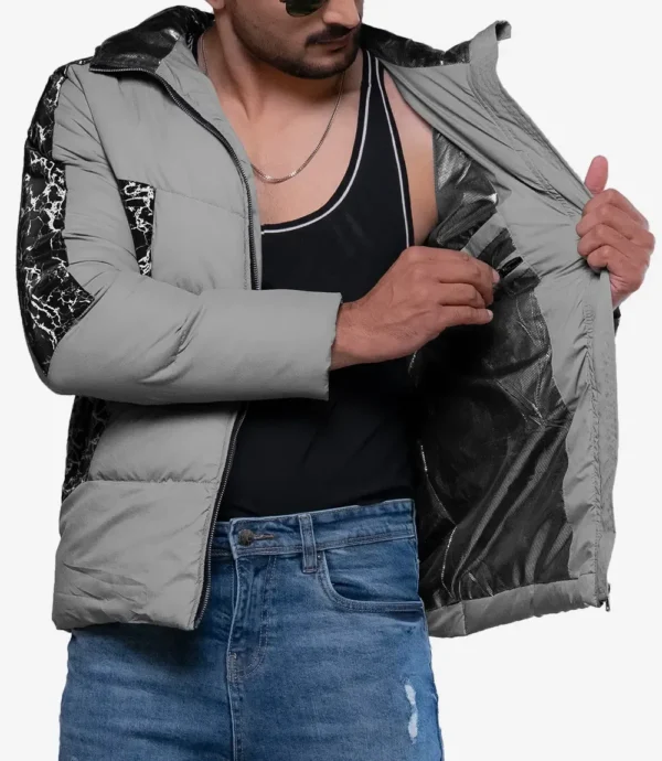 Karter Mens Duck Down Light Gray Patterned Puffer Jacket With Hood