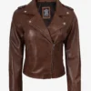 Womens Distressed Asymmetrical Cognac Biker Style Leather Jacket