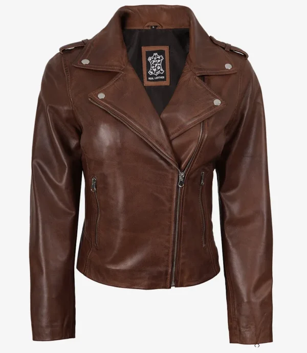 Womens Distressed Asymmetrical Cognac Biker Style Leather Jacket
