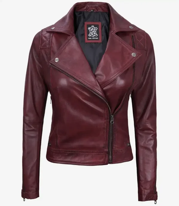 Women's Real Lambskin Leather Maroon Biker Style Jacket