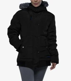 Jasmime Women’s Gray 3/4 Length Puffer Jacket – Faux Fur Trim Hood