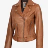 Women's Asymmetrical Biker Style Belted Tan Leather Jacket