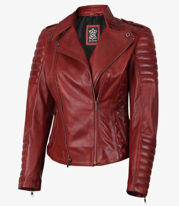 Women's Red Asymmetrical Padded Leather Biker Style Jacket