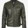 Mens Quilted Shoulder Olive Green Biker Style Leather Jacket