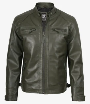 Mens Quilted Shoulder Olive Green Biker Style Leather Jacket