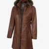 Women Brown Leather Coat With Fur Trim Removable Hood