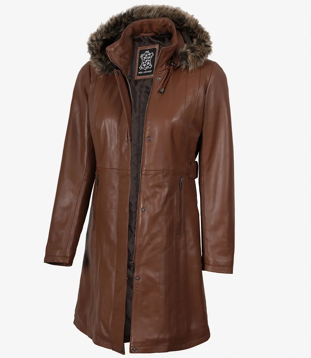Women Brown Leather Coat With Fur Trim Removable Hood
