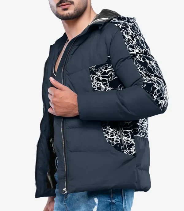 Karter Men’s Duck Down Navy Blue Patterned Puffer Jacket With Hood