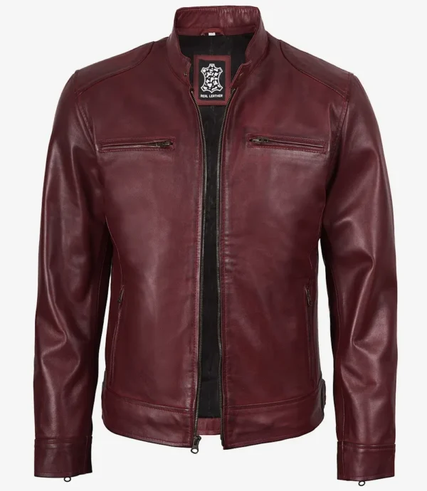 Men's Burgundy Biker Style Leather Jacket