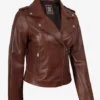 Womens Distressed Asymmetrical Cognac Biker Style Leather Jacket