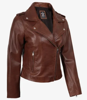 Womens Distressed Asymmetrical Cognac Biker Style Leather Jacket