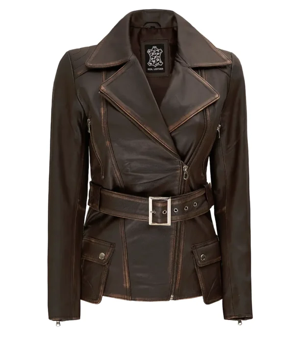 Womens Distressed Brown Long Biker Style Leather Jacket