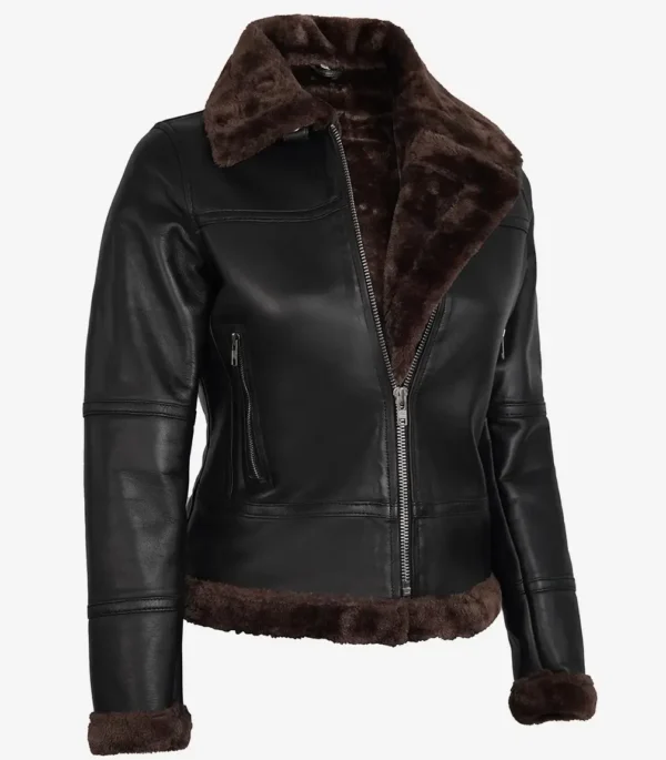 Womens Dark Brown Shearling Leather Bomber Jacket