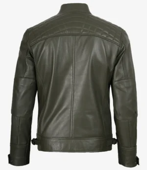 Mens Quilted Shoulder Olive Green Biker Style Leather Jacket