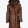 Women Brown Leather Coat With Fur Trim Removable Hood