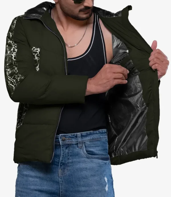 Karter Mens Duck Down Army Green Patterned Puffer Jacket With Hood