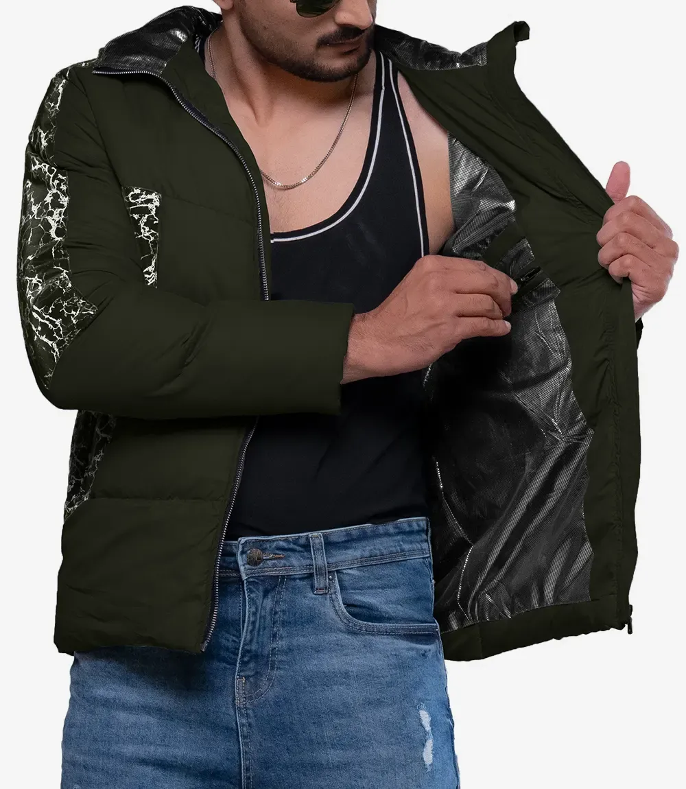 Karter Mens Duck Down Army Green Patterned Puffer Jacket With Hood Karter Mens Duck Down Army Green Patterned Puffer Jacket With Hood