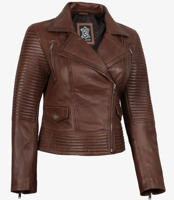 Women's Asymmetrical Cognac Leather Biker Style Jacket