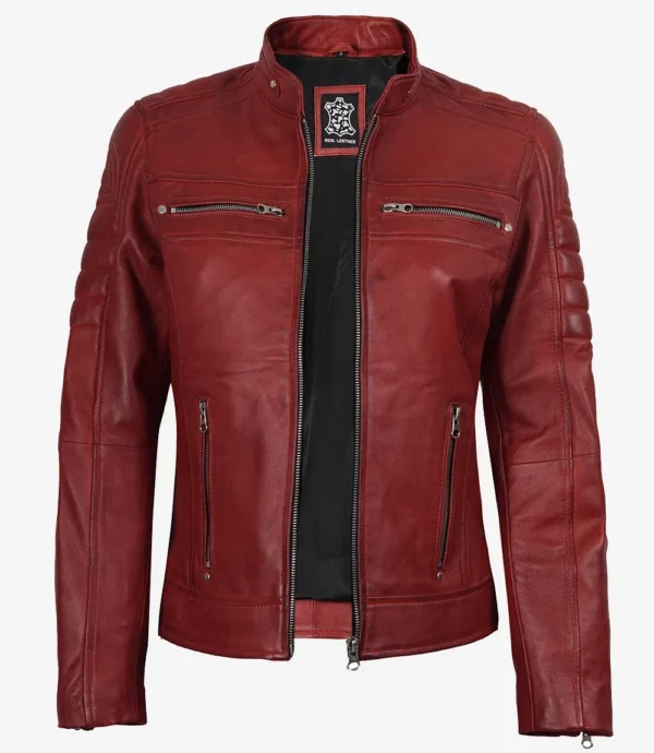 Womens Real Leather Red Waxed Biker Style Jacket