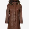 Women Brown Leather Coat With Fur Trim Removable Hood