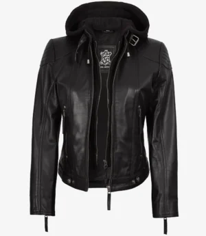 Tonja Womens Real Leather Black Jacket With Hood
