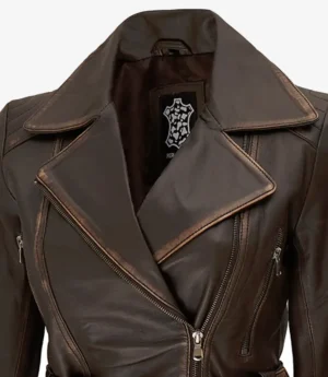 Womens Distressed Brown Long Biker Style Leather Jacket