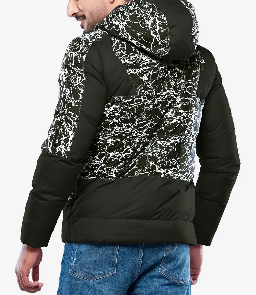Karter Mens Duck Down Army Green Patterned Puffer Jacket With Hood Karter Mens Duck Down Army Green Patterned Puffer Jacket With Hood