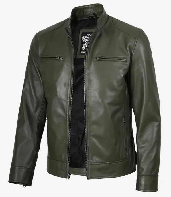 Dodge Olive Green Biker Style Leather Jacket for Men