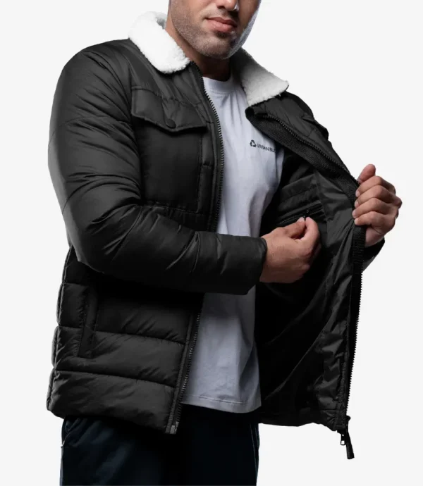 Bryce Men’s Black Trucker-Style Puffer Jacket – Fur Collar