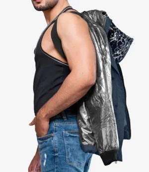 Karter Men’s Duck Down Navy Blue Patterned Puffer Jacket With Hood