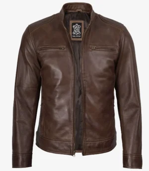 Dodge Men's Waxed Chocolate Brown Biker Style Leather Jacket