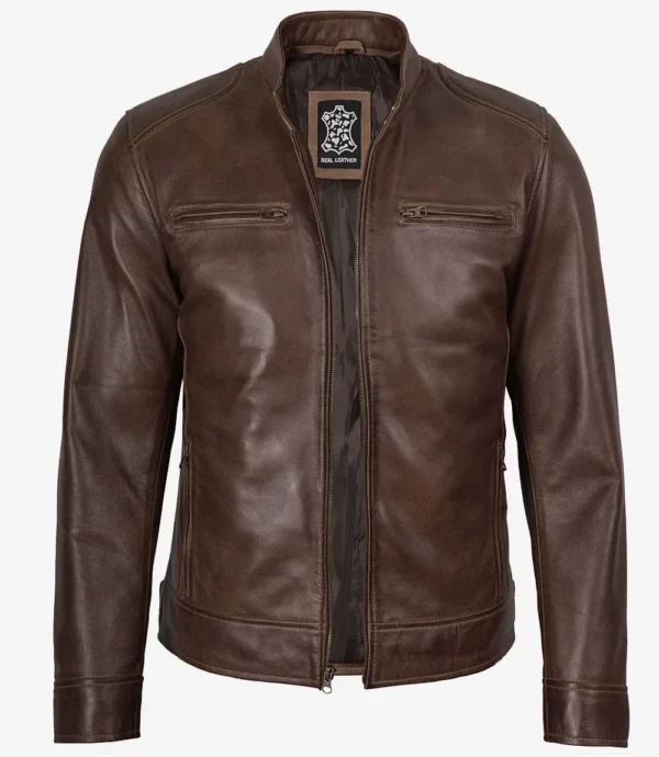 Dodge Men's Waxed Chocolate Brown Biker Style Leather Jacket