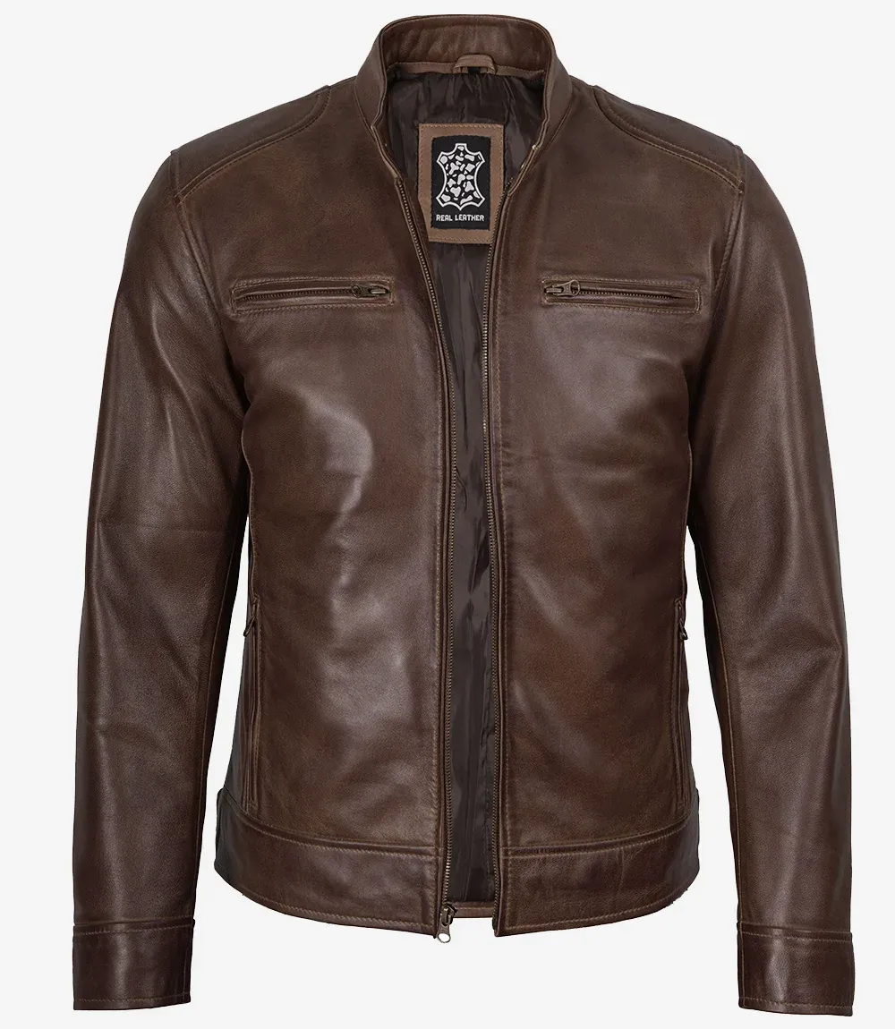 Dodge Men's Waxed Chocolate Brown Biker Style Leather Jacket Dodge Men's Waxed Chocolate Brown Biker Style Leather Jacket