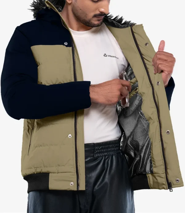 Walter Mens Duck Down Beige and Blue Puffer Jacket with Hood